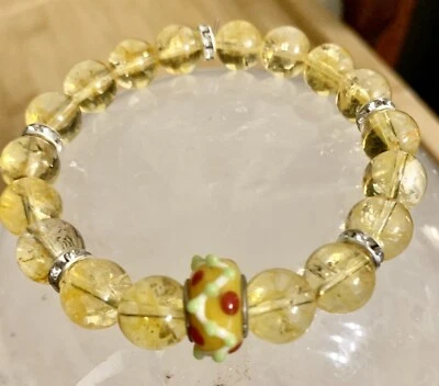 NATURAL CITRINE GEMSTONE 10mm BEADS, CERAMIC & RHINESTONES SPACER BEADS BRACELET