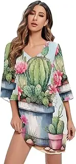 [RPLIFE] Cactus Flowers Chiffon V Neck Dress Printed Line Maternity Dress S-XXL