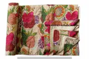 Queen Fruit Print Beige Summer Kantha Quilt Boho Cotton Home Dorm D?cor Blanket