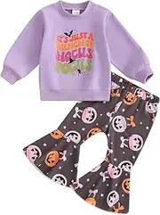[Doisbetthsay] Halloween Outfits For Baby Girls Toddler Pumpkin Patch Shirt Sweatshirt Flare Pants Fall Clothes Set