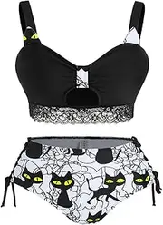 Bikini Swimsuit Push Up Swimwear Cat Print Cut Out Lace-Up Padded Tankini Set Female Sexy Biquini High Waist Bikini