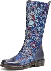 [HOTRA] Womens Leather Buckle Knight Boots Round Toe Mid-Calf Western Cowboy Boots Lace Up Military Combat Army Boots