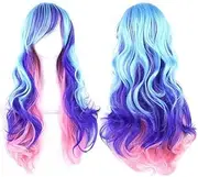 26'' Long Curly Natural Hair Cosplay Wig with Bangs Colorful Halloween Costume Party Wigs for Women (Blue Pink)