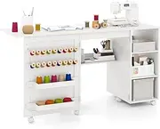 Giantex Folding Sewing Table, Multifunctional Sewing Machine Craft Station with Storage Shelves, 18 Pegs and Hidden Bins, Portable Rolling Sewing Cabinet Craft Table with Lockable Casters, White