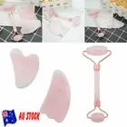Natural Pink Rose Quartz Crystal Stone Gua Sha Roller Face Neck Beauty massage