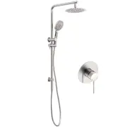 Round Brushed Nickel Twin Shower Head Set 3 Mode Handheld Sliding Rail Mixer Tap