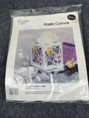 Golden Bee Pansy Tissue Box Kit '92 VTG Yarn Plastic Canvas Stitchery Sealed USA