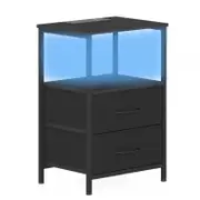 Advwin LED Bedside Table with Charging Station 2 Fabric Drawers Nightstand Black Drawer & Brown Top