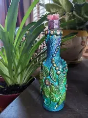 Small Handmade Decorative Bottle Airdry Clay unique artwork teal; 5" tall