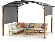 Costway 3m x 3.6m Outdoor Retractable Pergola, Arched Patio Metal Pergola with Retractable Canopy, Wood Looking Posts, Grape Trellis Gazebo for Garden, Patio, Porch, Backyard, Deck