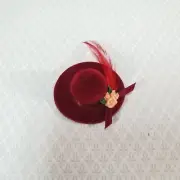 Dollhouse Red Velvet Hat with Feather & Flowers Wearable 1:12 Scale Miniature