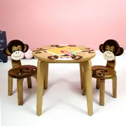 Kids Wooden Table + 2 Chairs Set Monkey Design Carved Timber Children Furniture