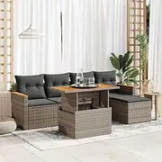 6 Piece Garden Sofa Set with Cushions Grey Poly Rattan Acacia Patio Bar Sets