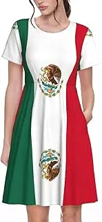 [EdWal] Flag of Mexico Print Womens Sundress Summer Floral Short Sleeve Wrap Round Neck A-Line Midi Dress Summer