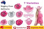 Cow Girl Barbie Western Hot Pink Fluffy Feather /Sequin Brim 3Pcs Set Dress Up