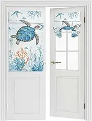 Azoamafa Sea Turtle Door Curtain Blackout, Ocean Coral Starfish Underwater World Door Window Curtains Thermal Insulated Tie Up Shades Drapes French Door Curtains for Privacy, 26W x 42L Inch, 1 Panel