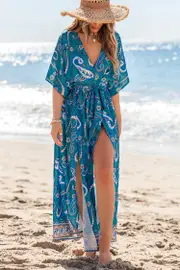 Cupshe Beach Goddess Paisley Cover-Up Maxi Dress - Blue,L