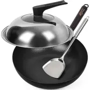 12.5 Inch Carbon Steel Wok for Electric, Induction and Gas Stoves (Lid)