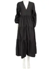 Black Button Detail Tiered Midi Dress