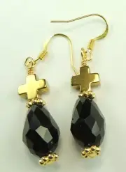 Black Briolette Crystal Earrings Gold Color Crosses Boho Jewelry