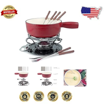 Elegant Cherry Red Fondue Set: 2-Quart Cast Iron, 9-Piece Dining Experience