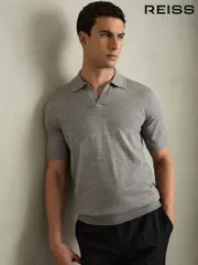 Reiss Warm Grey Melange Duchie Merino Wool Open Collar Polo Shirt (AB2432) | $180