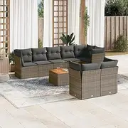 9 Piece Garden Sofa Set with Cushions Grey Poly Rattan, Outdoor Patio Furniture Set with Table, Comfortable Wicker Chairs, Small Balcony Bistro Sets for Porch, Sale, Conversation Piece