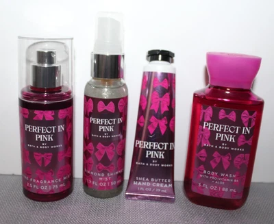 Bath & Body Works PERFECT IN PINK Travel Set Hand Cream Mist Shower Gel 4pc