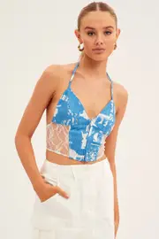 Blue Lace Up Back Patchwork Denim Top - Size L, Women's Crop Top