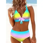 Women's Plus Size Swimwear Bikini 2 Piece Swimsuit Tie Front Ombre Gradient Color Tropical Push Up Bathing Suits