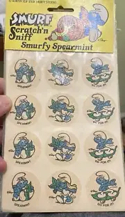 NOS Vintage 1982 Smurf Scratch' n Sniff Smurfy Spearmint Stickers yellowing