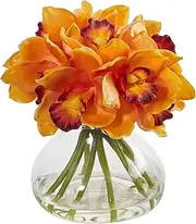 Nearly Natural 1912-OG Cymbidium Orchid Artificial Glass Vase Silk Arrangements, Orange