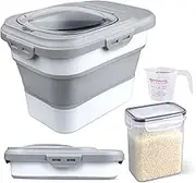 Komzon Rice Storage Container, Collapsible Airtight Food Storage Containers 6-20 Lbs, Rice Dispenser with Measuring Cup and Small Bin for Flour Cereal Pasta Grain, Cat Pet Dog Bird Food Container