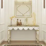 Fin Mirrored Console Table Glass Hallway Desk Slim Sofa Side Foyer Table W/ Gold Rim