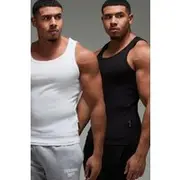 Mens Multi Man Active Gym Muscle Fit 2 Pack Ribbed Vests