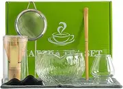 7PCS Matcha Bowl and Whisk Set, Bamboo Whisk with Holder, Glass Bowl, Tea Scoop, Sifter, Teacloth for Tea Ceremony
