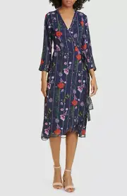 $680 Ted Baker London Women's Blue Hedgerow Floral Stripe Wrap Dress Size US 2