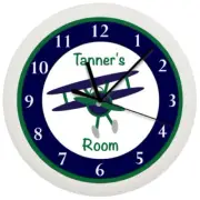 Personalized Clock -Airplane, Blue and Green, Boy's Room, Kids Room