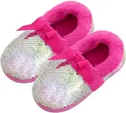 [Orthoshoes] Girls Fluffy Slippers Sequin Faux Fur Fuzzy Slip-on House Slippers with Memory Foam House Shoes for Girls Bedroom Indoor Outdoor