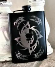 Stainless Steel Liquor Hip Flask, With Funnel, Tribal Pit Bull Pocket Alcohol