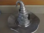 NWT Halloween Large 2 Piece Silver Metal Witch Hat Chip and Dip Spider Bowl Set
