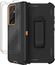 for Samsung Galaxy S21 Ultra Case with Belt Clip Holster, 2X Screen Protector, Heavy Duty Full Body Shockproof Drop-Proof Rugged Protective Cover for Samsung Galaxy S21 Ultra 5G 6.8 inch (Orange)