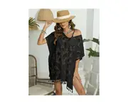 Womens Lace Tassel Beachwear Cover Up Bikini Swimsuit Cover-ups-black