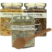 Bread Dip Co Feta & Pink Peppercorn, Olive & Herb, Artichoke & Capers Dip Spread