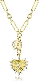 [Zissunbeam] Heart Charm Choker Necklace for Women Men,18k Gold Plated With Zircons Inlaid Pendants,Thick Chunky Paperclip Chain Hip Hop Necklace Unisex Jewelry,Cuban Link Chain for Women Trendy