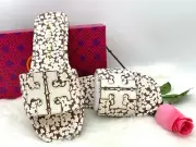 NIB TORY BURCH Double T Logo Floral Prints Sport Leather Slide Flat Sandals 10M