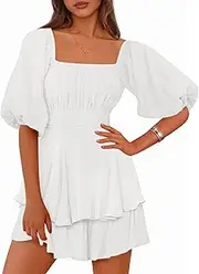 [Zenlonr] Women's Summer Romper 2025 Casual Puff Short Sleeve Ruffle Layer Tie Mini Short Jumpsuits Beach Party