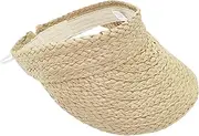 [Hioph] Womens Straw Visor Hat, Beach Visor Topless Sun Hat for Girl, Foldable Wide Brimmed Beach Straw, Travel Rollable Brim Summer UV Hat, UPF50+ Sun Protection Sunhats Khaki, khaki, F