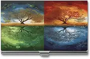 [QWNMD] Business Card Case Box Buckle Style Shut Metal Business Card Holder Four Season Tree of Lifeprinted Slim Purse Name Card Holders for Business Cards Men Women