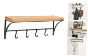 Ozias Farmhouse Shelf with Hooks, 24 x 9, Rustic Brown and Black,